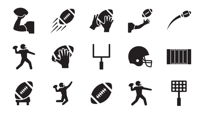 American football icon set with 15 black vector elements, sports equipment symbols including helmet and goal post, athletic player silhouettes