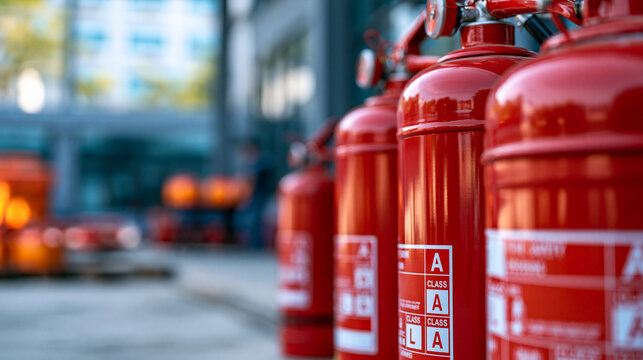 Display of different types of fire extinguishers lined up on the ground at a safety training facility, red cylinders labeled by class type, defocused training center in