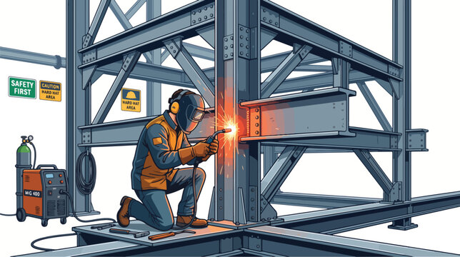 Industrial welder carefully operating welding equipment on a large structural steel frame emphasizing workplace safety precision craftsmanship glowing welding effects and organized construction detail