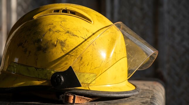 Weathered bright yellow firefighter helmet with a clear plastic visor resting on a dark industrial surface