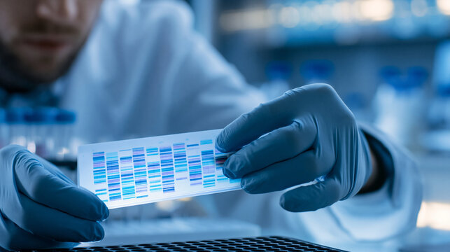 Close-up of DNA gel electrophoresis results being read by a faceless scientist in a lab, genetic research concept, defocused lab in background, DNA gel electrophoresis concept
