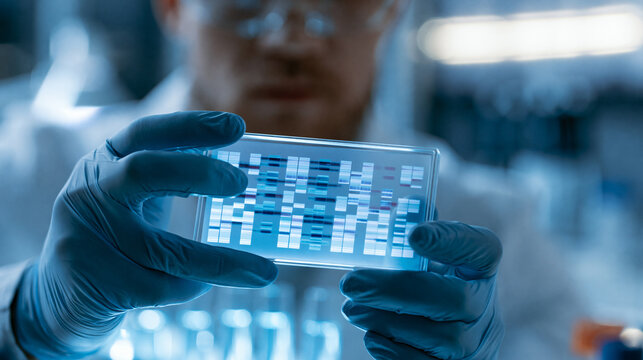 Close-up of DNA gel electrophoresis results being read by a faceless scientist in a lab, genetic research concept, defocused lab in background, DNA gel electrophoresis concept