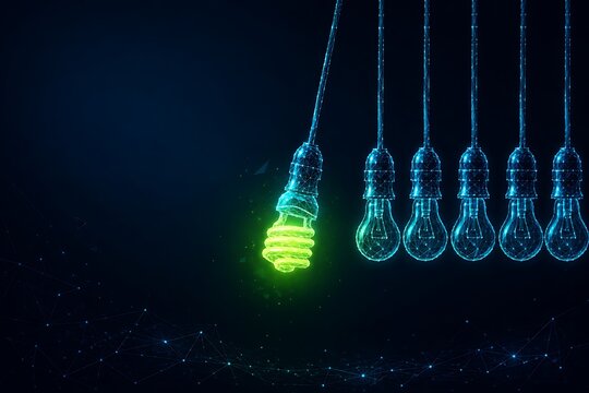 Glowing light bulb concept in newton cradle simulation with innovation technology creative solution inspiration abstract electric thinking discovery intelligence business connection