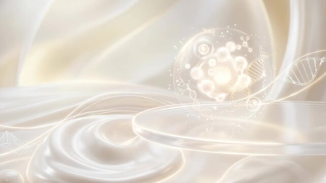 A close-up of a creamy substance flowing smoothly. Digital designs appear, creating unique shapes and patterns. The focus is on the blend of real textures and digital art