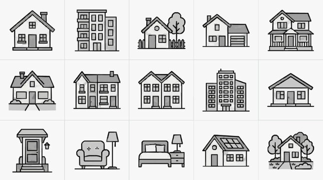 Modern Minimalist Line Drawing Icons of Various House Types Interior Spaces and Architectural Styles in Monochrome