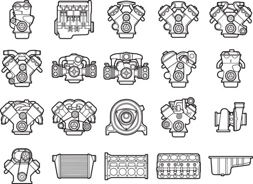 A collection of stylized illustrations depicting various automotive engines and their components, presented in a clean, graphic style.