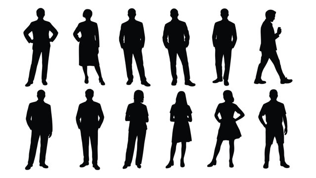 Professional business people silhouettes collection standing in various poses for corporate design projects
