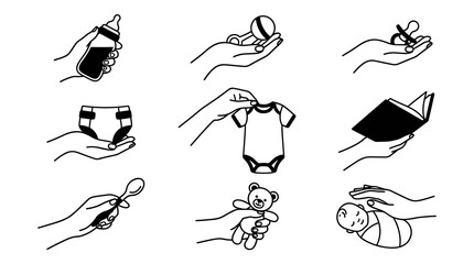 Obraz premium Collection of simple line drawings of hands holding various baby items, including a bottle, pacifier, toy, and clothes, suitable for childcare or