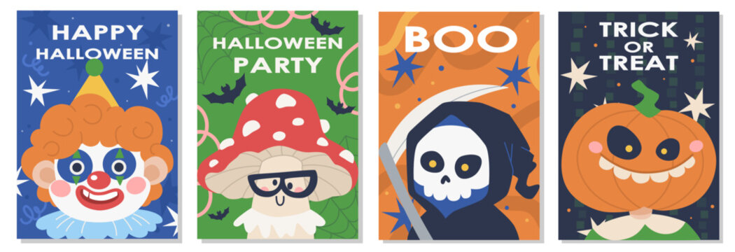 A set of vector Halloween posters. A collection of banners featuring traditional scary monsters and characters. Halloween Party Flyer Design