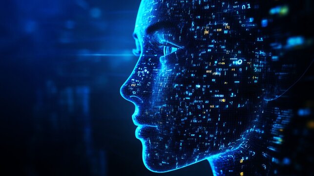 Futuristic digital human face profile with binary code overlay, representing artificial intelligence and technological advancement in profile view