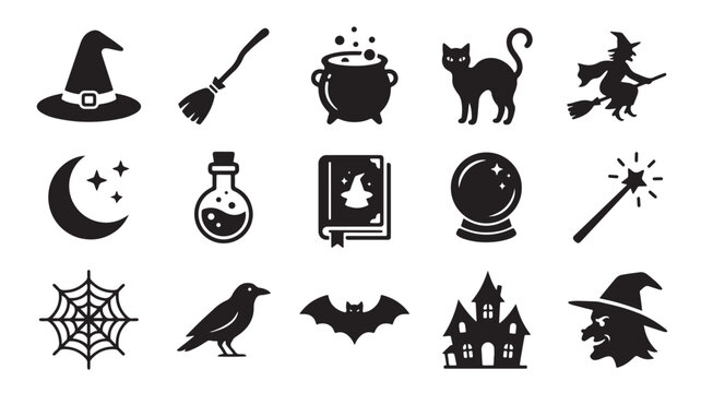 Halloween witchcraft icon set, black magic silhouettes with 15 vector elements, spooky occult symbols for holiday party decor and graphic design