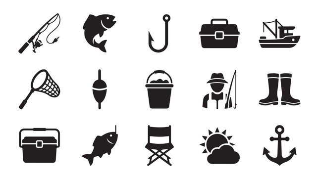 Fishing icons set with 15 black vector silhouettes, professional angling equipment symbols, outdoor hobby and sport fishing gear collection