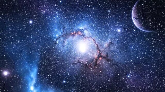Bright glowing stars drifting through a vast blue interstellar nebula with a distant planet nearby creating a cinematic deep space animation effect in this detailed high resolution digital motion foot