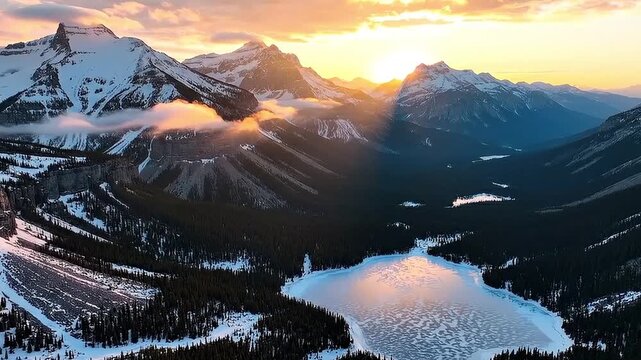 Majestic snow covered mountain peaks surrounding a frozen alpine lake during a brilliant golden sunset in this smooth aerial drone motion footage capturing the serene beauty of the vast Canadian wilde