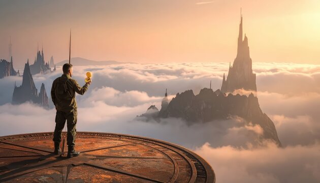 A lone explorer in tactical gear standing on a high platform above a sea of clouds, overlooking majestic fantasy mountain spires at sunset with ample copy space for text.