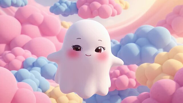 Cute Blushing Ghost Floating Amongst Pastel Clouds - A charming 3D animated ghost character with rosy cheeks floats playfully amidst soft, fluffy clouds in a dreamy pastel color palette.