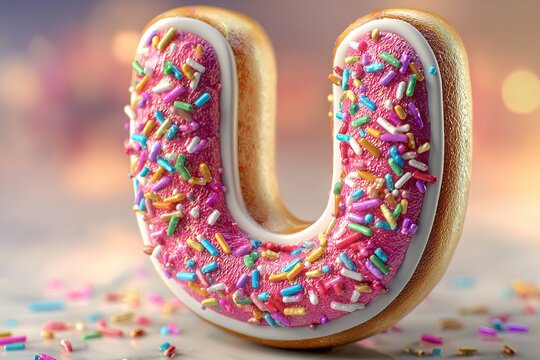 Fun Cartoon Style 3D U Letter with Sweet Frosting, Donut Texture and Sprinkles