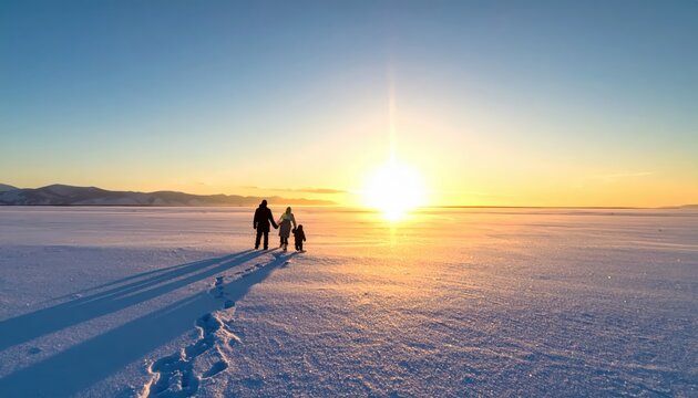 Silhouette of a young family walking together across a vast frozen lake at sunset during winter with ample copy space in the clear sky.
