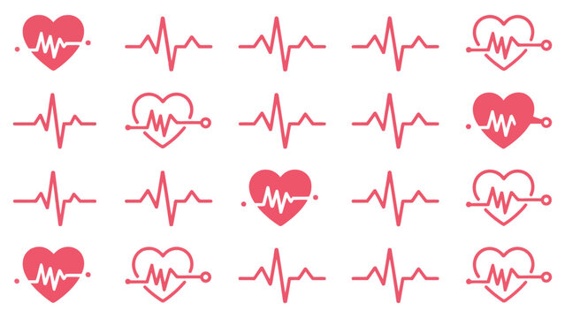Collection of heartbeat and ekg line art icons for medical design projects with patterns white background
