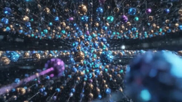Cosmic Network: Abstract visualization of a vast, interconnected network composed of countless shimmering spheres and particles.
