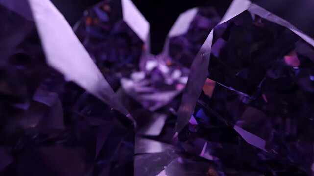 Dark Purple Geometric Crystal Abstract - A close-up view of sharp, faceted geometric shards in dark purple, illuminated by soft purple and pink light.