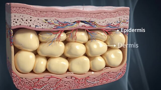 3D Animation Showing Human Skin Layers and Adipose Tissue - This detailed 3D animation showcases the cross-section of human skin, revealing the epidermis, dermis, and subcutaneous layers with visible