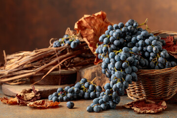 Obraz premium Blue grapes dry bunch and dried up vine leaves.