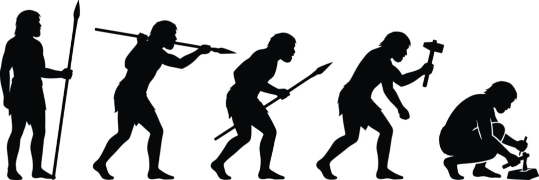 Silhouette sequence of human evolution with tools showing progression from primitive hunting to craftsmanship innovation and development