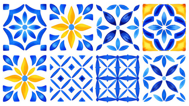 Eight watercolor tiles with blue and yellow floral and geometric patterns