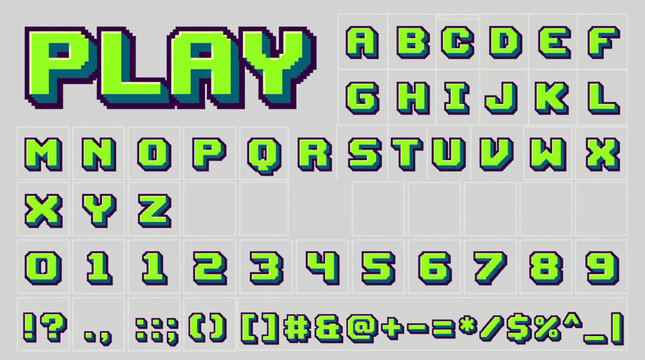 Vibrant pixel art typeface featuring uppercase letters, numbers and symbols with a retro 8-bit style, representing vintage gaming graphics and modern app interfaces