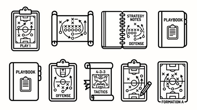 Detailed line art vector icons illustrating various sports strategies, playbooks and tactical game plans on fields, Symbolizing coaching resources and strategic planning