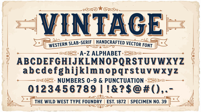 Vintage Western slab-serif handcrafted vector font set displayed on aged paper with ornate decorative borders and banners, Symbolizing graphic design branding or rustic advertising posters