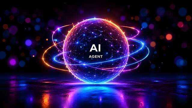 Dynamic artificial intelligence agent concept with glowing neon orbital rings around a digital network sphere on a reflective surface.