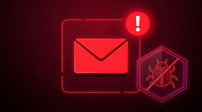 Red glowing email envelope icon with a crossed out bug for anti-virus and spam phishing protection