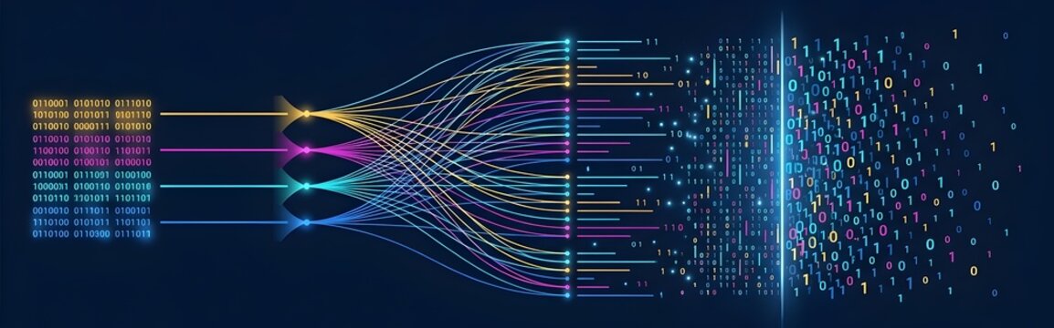 Futuristic binary code data stream transferring and decrypting digital information through glowing colorful fiber optic lines.