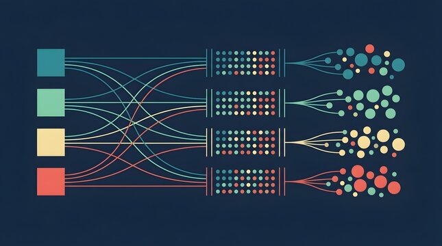 Abstract visualization of data sorting algorithm with colorful lines connecting blocks to circles representing big data analytics.