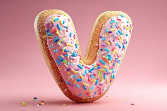 Cute 3D V Alphabet with Delicious Donut Frosting and Colorful Sprinkles
