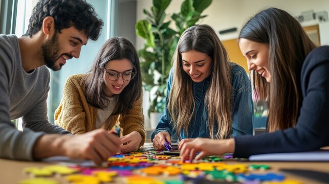 Four young adults are engaged in a puzzle activity, likely in a classroom or study area.