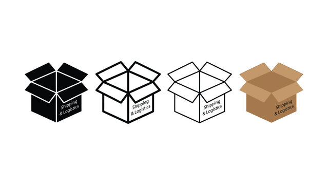 Four different colored cardboard boxes with shipping and logistics labels on them side by side