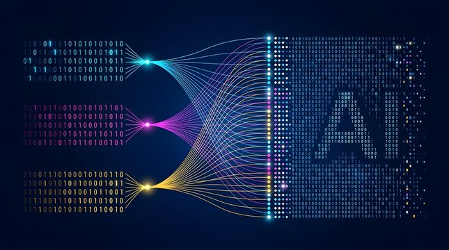 Cyberpunk style artificial intelligence data processing background with colorful glowing binary numbers flowing into digital AI text.