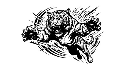 Aggressive Jumping Tiger Mascot Vector Illustration with Black and White Dynamic Speed Lines for Sports Logos Team Apparel and Esport Badges © Kulsum