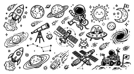 Cute Hand Drawn Outer Space Vector Element Set Featuring Kawaii Planets Astronauts Rocket Ships Satellites UFOs and Celestial Stars for Kids Creative Designs © Kulsum