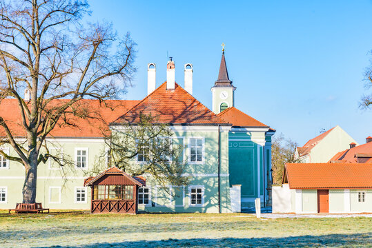 Scenic view of the National Stud Farm in Kladruby nad Labem, a UNESCO World Heritage site famous for breeding Kladruber ceremonial carriage horses.