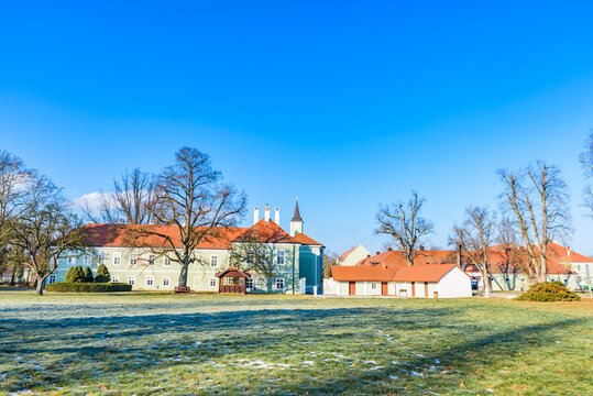 Scenic view of the National Stud Farm in Kladruby nad Labem, a UNESCO World Heritage site famous for breeding Kladruber ceremonial carriage horses.