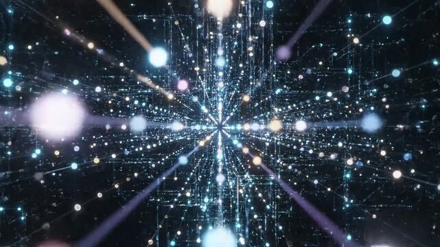 Digital Network of Lights: An abstract representation of a digital network, with glowing orbs and connecting lines forming a complex, three-dimensional grid, suggesting data flow and connectivity.