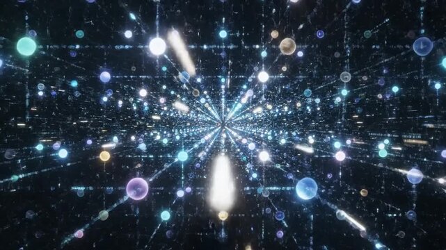Cosmic Connections: A vast, multidimensional network of glowing nodes and connecting lines creates a stunning representation of data flow and interconnectedness in a digital universe.