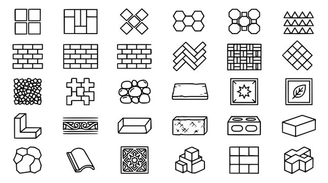 Paving Block and Concrete Brick Icon Set with Interlocking Pavers, Walkway Patterns, Decorative Tiles, and Masonry Material Line Art Graphic Vectors