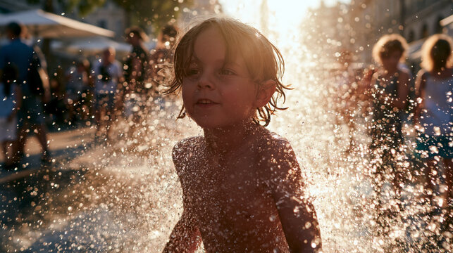 Child playing in a city water spray fountain during a heatwave, highlighting the contrast between joyful relief and extreme summer weather