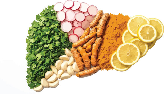 Liver shape is created by arranging various healthy ingredients for detox diets.