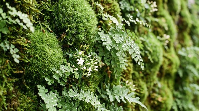 Macro texture of vertical garden wall covered in lush green forest moss and ferns